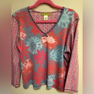 Sigrid Olsen Sz L,100% Cotton, Made in USA,Pink & Blue Floral Top Boho Art